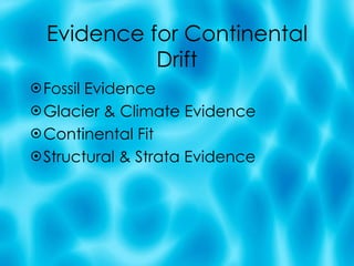 Evidence for Continental Drift Fossil Evidence Glacier & Climate Evidence Continental Fit Structural & Strata Evidence 