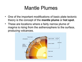 Mantle Plumes
• One of the important modifications of basic plate tectonic
theory is the concept of the mantle plume or hot spot.
• These are locations where a fairly narrow plume of
magma is rising from the asthenosphere to the surface,
producing volcanoes.
 