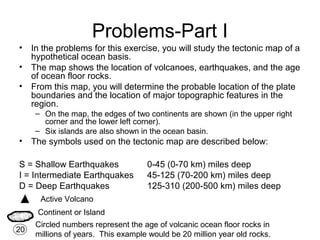 Problems-Part I
• In the problems for this exercise, you will study the tectonic map of a
hypothetical ocean basis.
• The map shows the location of volcanoes, earthquakes, and the age
of ocean floor rocks.
• From this map, you will determine the probable location of the plate
boundaries and the location of major topographic features in the
region.
– On the map, the edges of two continents are shown (in the upper right
corner and the lower left corner).
– Six islands are also shown in the ocean basin.
• The symbols used on the tectonic map are described below:
S = Shallow Earthquakes 0-45 (0-70 km) miles deep
I = Intermediate Earthquakes 45-125 (70-200 km) miles deep
D = Deep Earthquakes 125-310 (200-500 km) miles deep
Active Volcano
Continent or Island
20
Circled numbers represent the age of volcanic ocean floor rocks in
millions of years. This example would be 20 million year old rocks.
 
