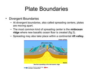 Plate Boundaries
• Divergent Boundaries
– At divergent boundaries, also called spreading centers, plates
are moving apart.
– The most common kind of spreading center is the midocean
ridge where new basaltic ocean floor is created (fig 2).
– Spreading may also take place within a continental rift valley.
 