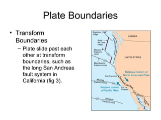 Plate Boundaries
• Transform
Boundaries
– Plate slide past each
other at transform
boundaries, such as
the long San Andreas
fault system in
California (fig 3).
 