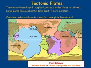 There are a dozen large lithospheric plates (smaller plates not shown). Some plates have continents; some don’t.  All are in motion. Question:  What evidence is there for these plate boundaries?   Tectonic Plates Flash Rollovers “ Tectonic Plates ” & “ Plates, Earthquakes, and Volcanoes ” 