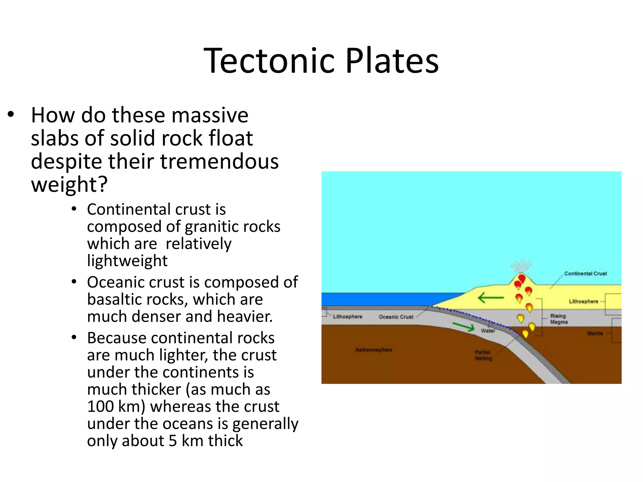Tectonic Plates
• How do these massive
  slabs of solid rock float
  despite their tremendous
  weight?
      • Continental crust is
        composed of granitic rocks
        which are relatively
        lightweight
      • Oceanic crust is composed of
        basaltic rocks, which are
        much denser and heavier.
      • Because continental rocks
        are much lighter, the crust
        under the continents is
        much thicker (as much as
        100 km) whereas the crust
        under the oceans is generally
        only about 5 km thick
 