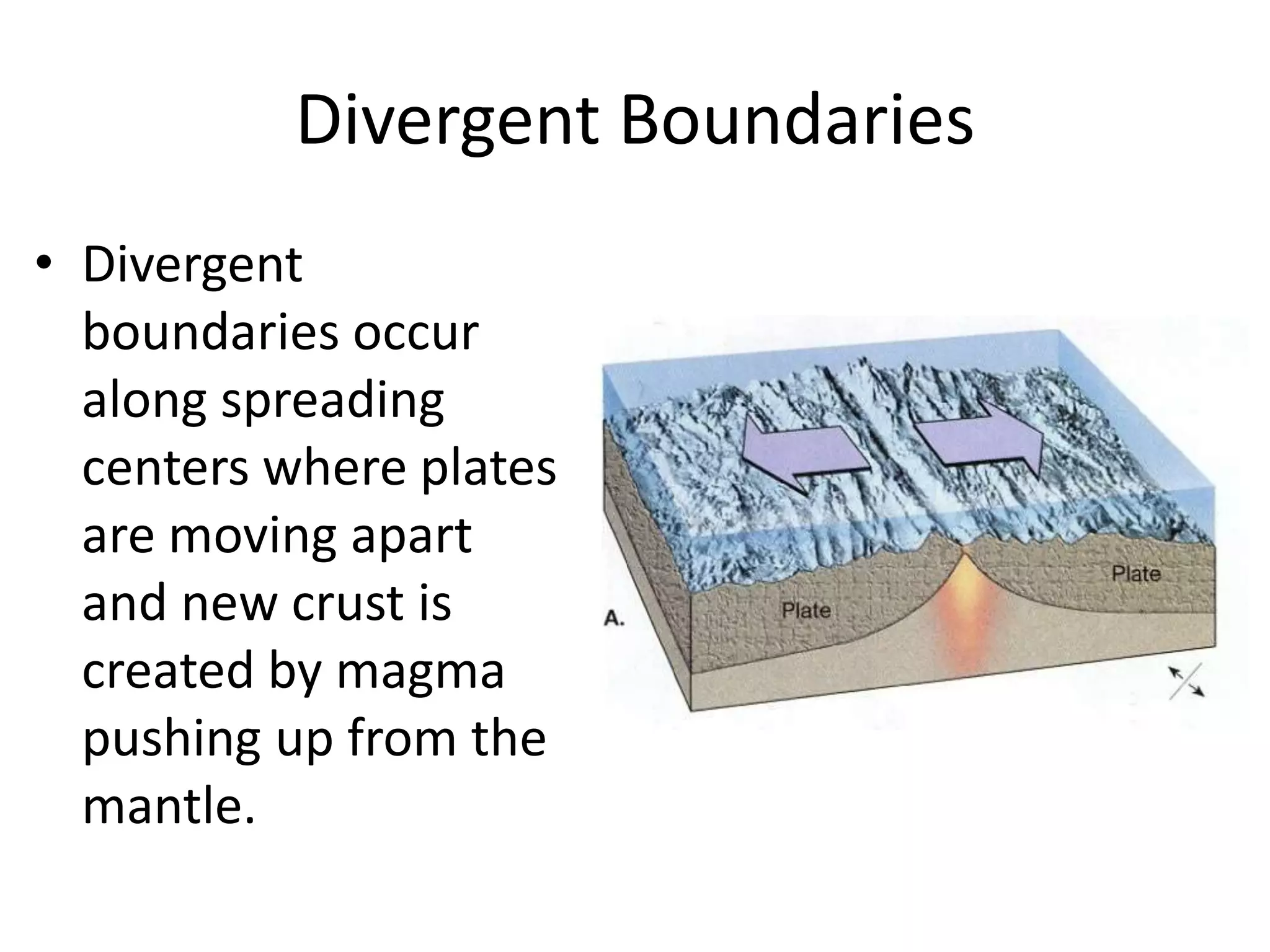 Divergent Boundaries
• Divergent
  boundaries occur
  along spreading
  centers where plates
  are moving apart
  and new crust is
  created by magma
  pushing up from the
  mantle.
 
