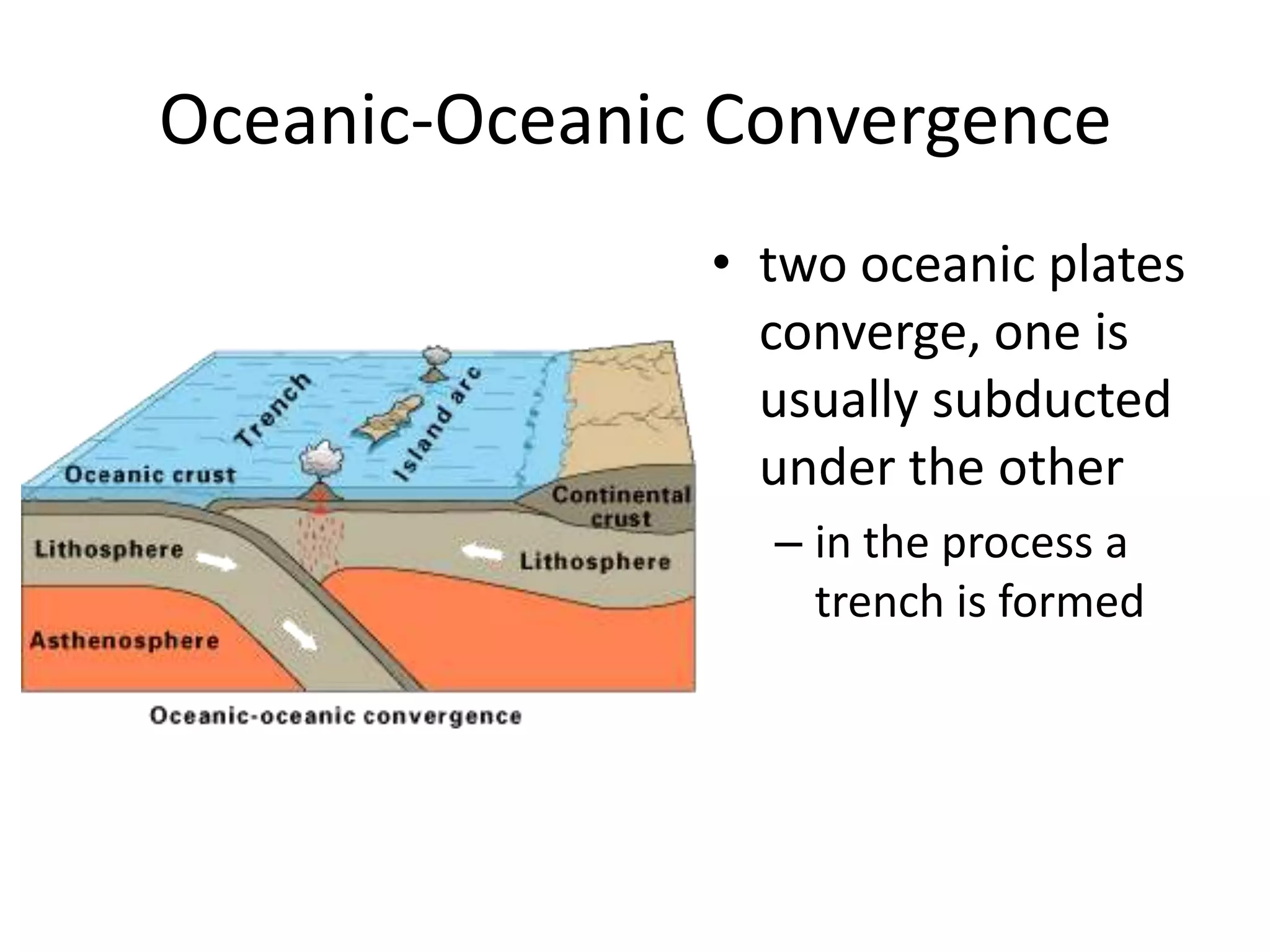 Oceanic-Oceanic Convergence
               • two oceanic plates
                 converge, one is
                 usually subducted
                 under the other
                 – in the process a
                   trench is formed
 