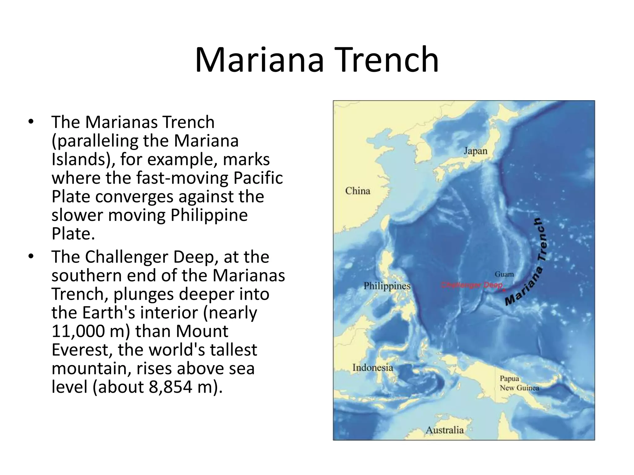 Mariana Trench
• The Marianas Trench
  (paralleling the Mariana
  Islands), for example, marks
  where the fast-moving Pacific
  Plate converges against the
  slower moving Philippine
  Plate.
• The Challenger Deep, at the
  southern end of the Marianas
  Trench, plunges deeper into
  the Earth's interior (nearly
  11,000 m) than Mount
  Everest, the world's tallest
  mountain, rises above sea
  level (about 8,854 m).
 