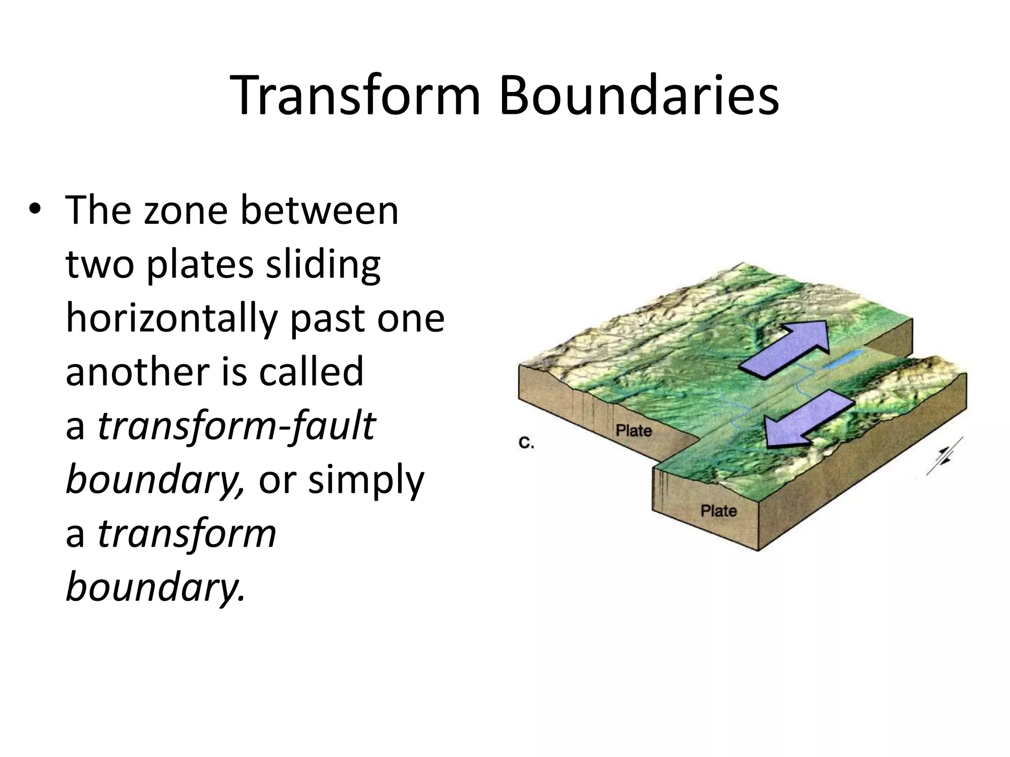 Transform Boundaries
• The zone between
  two plates sliding
  horizontally past one
  another is called
  a transform-fault
  boundary, or simply
  a transform
  boundary.
 