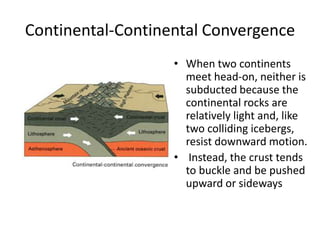 Continental-Continental Convergence
                   • When two continents
                     meet head-on, neither is
                     subducted because the
                     continental rocks are
                     relatively light and, like
                     two colliding icebergs,
                     resist downward motion.
                   • Instead, the crust tends
                     to buckle and be pushed
                     upward or sideways
 