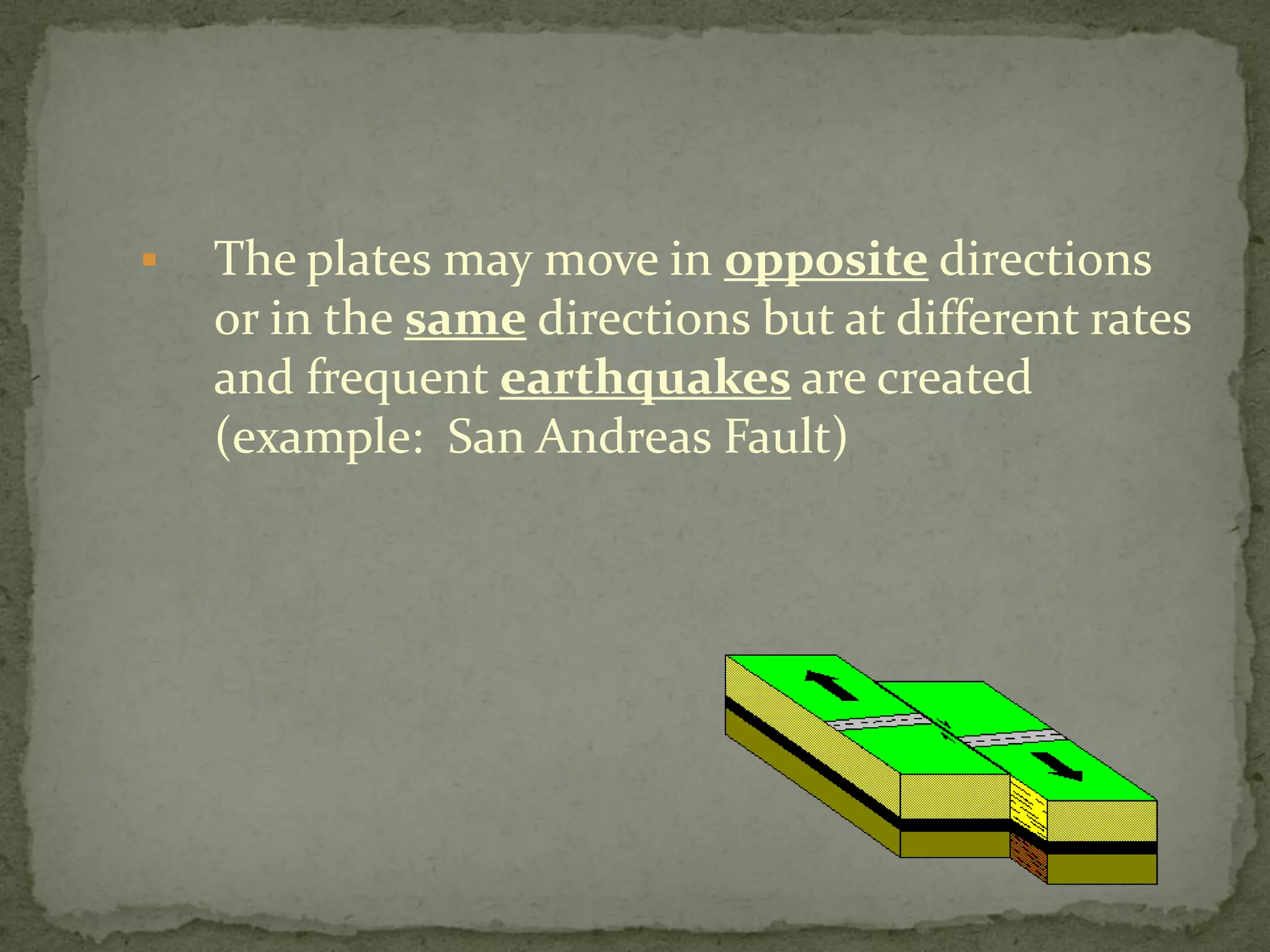  The plates may move in opposite directions
or in the same directions but at different rates
and frequent earthquakes are created
(example: San Andreas Fault)
 