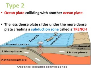 • Ocean plate colliding with another ocean plate
• The less dense plate slides under the more dense
plate creating a subduction zone called a TRENCH
 