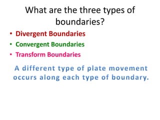 Divergent Boundaries
A plate boundary where two plates move away from
each other.
 
RIFTING
causes
SEAFLOOR SPREADING
 