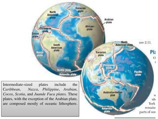 Intermediate-sized plates include the
Caribbean, Nazca, Philippine, Arabian,
Cocos, Scotia, and Juande Fuca plates. These
plates, with the exception of the Arabian plate,
are composed mostly of oceanic lithosphere.
 