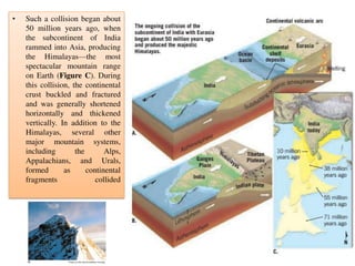 • Such a collision began about
50 million years ago, when
the subcontinent of India
rammed into Asia, producing
the Himalayas—the most
spectacular mountain range
on Earth (Figure C). During
this collision, the continental
crust buckled and fractured
and was generally shortened
horizontally and thickened
vertically. In addition to the
Himalayas, several other
major mountain systems,
including the Alps,
Appalachians, and Urals,
formed as continental
fragments collided
 