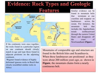 If the continents were once together,
the rocks found in a particular region
on one continent should closely
match in age and type those found in
adjacent positions on the adjoining
continent.
Wegener found evidence of highly
deformed igneous rocks in Brazil that
closely resembled similar rocks in
Africa
Mountains of comparable age and structure are
found in the British Isles and Scandinavia.
When these landmasses are positioned as they
were about 200 million years ago, as shown in
Figure, the mountain chains form a nearly
continuous belt.
Similar evidence can be
found in mountain belts
that terminate at one
coastline and reappear on
landmasses across the
ocean. For instance, the
mountain belt that
includes the Appalachians
trends northeastward
through the eastern United
States and disappears off
the coast of
Newfoundland (Figure).
 