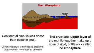 The crust and upper layer of
the mantle together make up a
zone of rigid, brittle rock called
the lithosphere.
Continental crust is less dense
than oceanic crust.
Continental crust is composed of granite.
Oceanic crust is composed of basalt.
 
