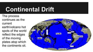 Continental Drift
The process
continues as the
current
earth/volcano hot
spots of the world
reflect the edges
of the moving
plates atop which
the continents sit.
 