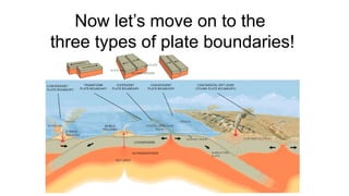 Now let’s move on to the
three types of plate boundaries!
 