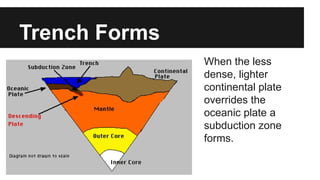 Trench Forms
When the less
dense, lighter
continental plate
overrides the
oceanic plate a
subduction zone
forms.
 