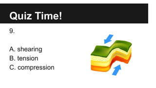 Quiz Time!
9.
A. shearing
B. tension
C. compression
 