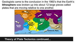 Theory of Plate Tectonics continued...
Geologists came to the conclusion in the 1960’s that the Earth’s
lithosphere was broken up into about 12 large pieces called
plates that are moving relative to one another.
 