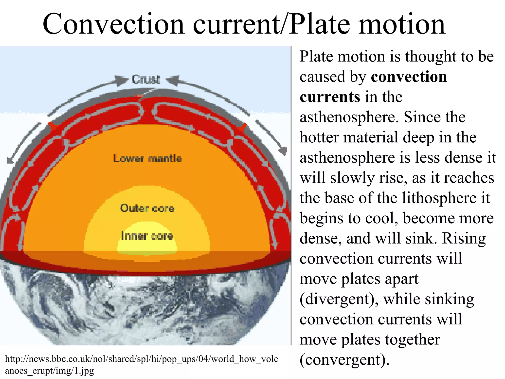Convection current/Plate motion Plate motion is thought to be caused by  convection currents  in the asthenosphere. Since the hotter material deep in the asthenosphere is less dense it will slowly rise, as it reaches the base of the lithosphere it begins to cool, become more dense, and will sink. Rising convection currents will move plates apart (divergent), while sinking convection currents will move plates together (convergent). http://news.bbc.co.uk/nol/shared/spl/hi/pop_ups/04/world_how_volcanoes_erupt/img/1.jpg 