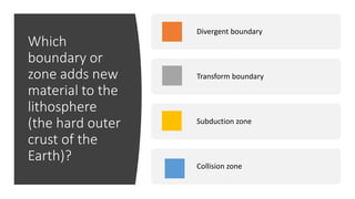 Which
boundary or
zone adds new
material to the
lithosphere
(the hard outer
crust of the
Earth)?
Divergent boundary
Transform boundary
Subduction zone
Collision zone
 