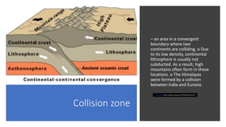 Collision zone
– an area in a convergent
boundary where two
continents are colliding. o Due
to its low density, continental
lithosphere is usually not
subducted. As a result, high
mountains often form in these
locations. o The Himalayas
were formed by a collision
between India and Eurasia.
This Photo https://images.app.goo.gl/h784WkDNPGhtBTJs5
 