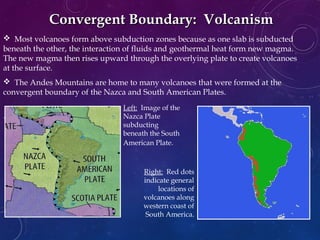  Most volcanoes form above subduction zones because as one slab is subducted
beneath the other, the interaction of fluids and geothermal heat form new magma.
The new magma then rises upward through the overlying plate to create volcanoes
at the surface.
 The Andes Mountains are home to many volcanoes that were formed at the
convergent boundary of the Nazca and South American Plates.
Right: Red dots
indicate general
locations of
volcanoes along
western coast of
South America.
Convergent Boundary: VolcanismConvergent Boundary: Volcanism

Left: Image of the
Nazca Plate
subducting
beneath the South
American Plate.
 