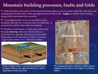 Plate tectonics cause many of the physical features that we see on earth today like volcanoes and
earthquakes, but also many other geological features like faults. Faults are planar rock fractures
along which movement has occurred.
In the example above, it is obvious that the fence
has been offset to the right, therefore it is called a
right lateral strike-slip fault
 Similar in movement, a strike-slip fault occurs
through shearing when two blocks move in
horizontal but opposite directions of each other.
Depending on the direction of offset, it can be a
“right-lateral offset” or a “left-lateral offset.”
The photograph above displays a light-colored
pegmatite vein offset to the right in a schistose
matrix.
 A transform fault occurs at a transform plate
boundary like the San Andreas Fault in California. It
connects two of the other plate boundaries.
Mountain building processes, faults and foldsMountain building processes, faults and folds
Right-lateral offset
 