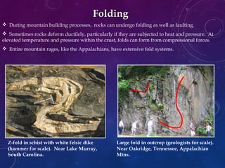 FoldingFolding
 During mountain building processes, rocks can undergo folding as well as faulting.
 Sometimes rocks deform ductilely, particularly if they are subjected to heat and pressure. At
elevated temperature and pressure within the crust, folds can form from compressional forces.
 Entire mountain rages, like the Appalachians, have extensive fold systems.
Z-fold in schist with white felsic dike
(hammer for scale). Near Lake Murray,
South Carolina.
Large fold in outcrop (geologists for scale).
Near Oakridge, Tennessee, Appalachian
Mtns.
 