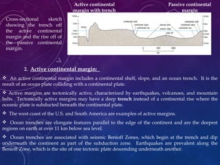 Active continental
margin with trench
Passive continental
margin
2. Active continental margin:
 An active continental margin includes a continental shelf, slope, and an ocean trench. It is the
result of an ocean plate colliding with a continental plate.
 Active margins are tectonically active, characterized by earthquakes, volcanoes, and mountain
belts. Tectonically active margins may have a deep trench instead of a continental rise where the
oceanic plate is subducted beneath the continental plate.
 The west coast of the U.S. and South America are examples of active margins.
 Ocean trenches are elongate features parallel to the edge of the continent and are the deepest
regions on earth at over 11 km below sea level.
 Ocean trenches are associated with seismic Benioff Zones, which begin at the trench and dip
underneath the continent as part of the subduction zone. Earthquakes are prevalent along the
Benioff Zone, which is the site of one tectonic plate descending underneath another.
Cross-sectional sketch
showing the trench off
the active continental
margin and the rise off of
the passive continental
margin.
 