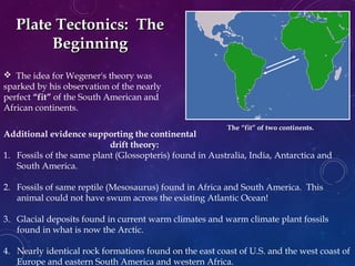 Additional evidence supporting the continental
drift theory:
1. Fossils of the same plant (Glossopteris) found in Australia, India, Antarctica and
South America.
2. Fossils of same reptile (Mesosaurus) found in Africa and South America. This
animal could not have swum across the existing Atlantic Ocean!
3. Glacial deposits found in current warm climates and warm climate plant fossils
found in what is now the Arctic.
4. Nearly identical rock formations found on the east coast of U.S. and the west coast of
Europe and eastern South America and western Africa.
 The idea for Wegener's theory was
sparked by his observation of the nearly
perfect “fit” of the South American and
African continents.
The “fit” of two continents.
Plate Tectonics: ThePlate Tectonics: The
BeginningBeginning
 