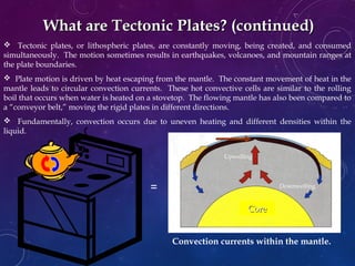  Tectonic plates, or lithospheric plates, are constantly moving, being created, and consumed
simultaneously. The motion sometimes results in earthquakes, volcanoes, and mountain ranges at
the plate boundaries.
 Plate motion is driven by heat escaping from the mantle. The constant movement of heat in the
mantle leads to circular convection currents. These hot convective cells are similar to the rolling
boil that occurs when water is heated on a stovetop. The flowing mantle has also been compared to
a “conveyor belt,” moving the rigid plates in different directions.
 Fundamentally, convection occurs due to uneven heating and different densities within the
liquid.
What are Tectonic Plates? (continued)What are Tectonic Plates? (continued)
=
Convection currents within the mantle.
CoreCore
Upwelling
Downwelling
Spreading ridge Subduction
zone
 