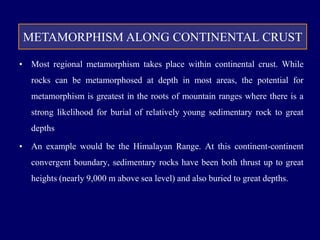 METAMORPHISM ALONG CONTINENTAL CRUST
• Most regional metamorphism takes place within continental crust. While
rocks can be metamorphosed at depth in most areas, the potential for
metamorphism is greatest in the roots of mountain ranges where there is a
strong likelihood for burial of relatively young sedimentary rock to great
depths
• An example would be the Himalayan Range. At this continent-continent
convergent boundary, sedimentary rocks have been both thrust up to great
heights (nearly 9,000 m above sea level) and also buried to great depths.
 