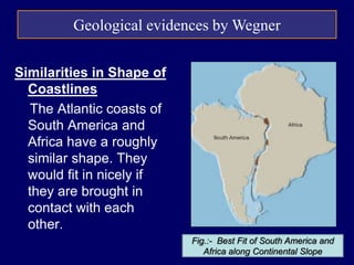 Similarities in Shape of
Coastlines
The Atlantic coasts of
South America and
Africa have a roughly
similar shape. They
would fit in nicely if
they are brought in
contact with each
other.
Fig.:- Best Fit of South America and
Africa along Continental Slope
Geological evidences by Wegner
 