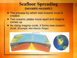 Seafloor Spreading (oceanic-oceanic) The process by which new oceanic crust is created. Two oceanic plates move apart and magma comes up As rising magma cools, it forms new oceanic crust . (Example: Mid-Atlantic Ridge) 