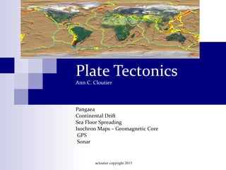 acloutier copyright 2013
Plate Tectonics
Ann C. Cloutier
Pangaea
Continental Drift
Sea Floor Spreading
Isochron Maps – Geomagnetic Core
GPS
Sonar
 