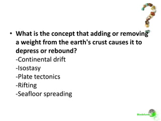 • What is the concept that adding or removing
  a weight from the earth's crust causes it to
  depress or rebound?
  -Continental drift
  -Isostasy
  -Plate tectonics
  -Rifting
  -Seafloor spreading
 