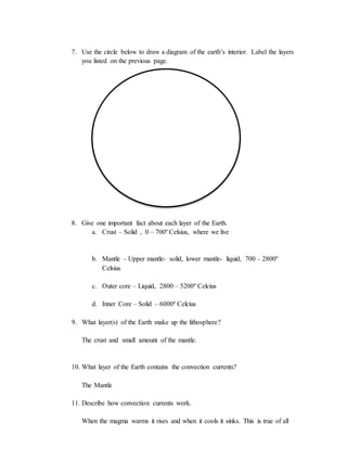 7. Use the circle below to draw a diagram of the earth’s interior. Label the layers
you listed on the previous page.
8. Give one important fact about each layer of the Earth.
a. Crust – Solid , 0 – 700º Celsius, where we live
b. Mantle – Upper mantle- solid, lower mantle- liquid, 700 – 2800º
Celsius
c. Outer core – Liquid, 2800 – 5200º Celcius
d. Inner Core – Solid – 6000º Celcius
9. What layer(s) of the Earth make up the lithosphere?
The crust and small amount of the mantle.
10. What layer of the Earth contains the convection currents?
The Mantle
11. Describe how convection currents work.
When the magma warms it rises and when it cools it sinks. This is true of all
 