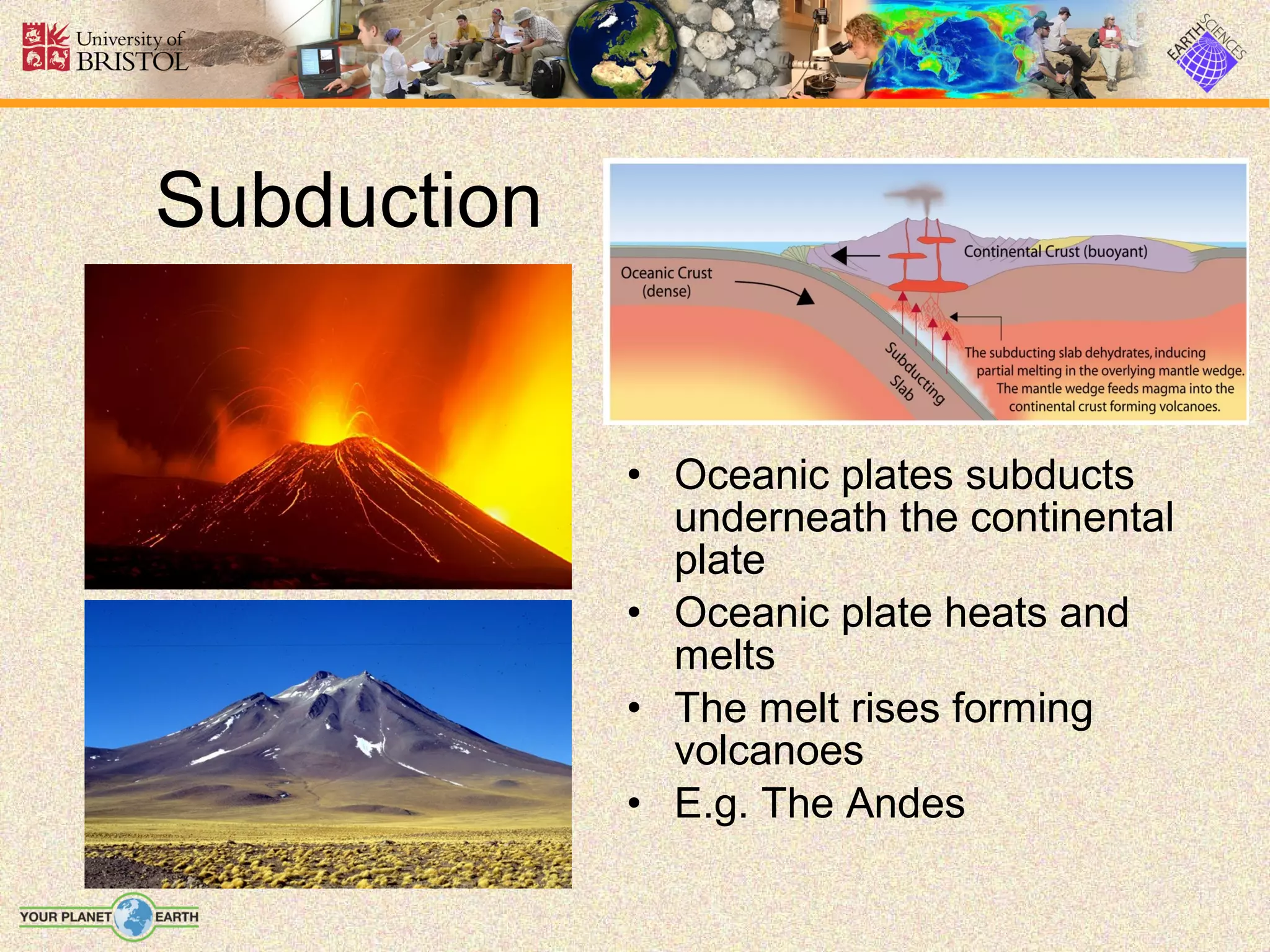 Subduction


             • Oceanic plates subducts
               underneath the continental
               plate
             • Oceanic plate heats and
               melts
             • The melt rises forming
               volcanoes
             • E.g. The Andes
 