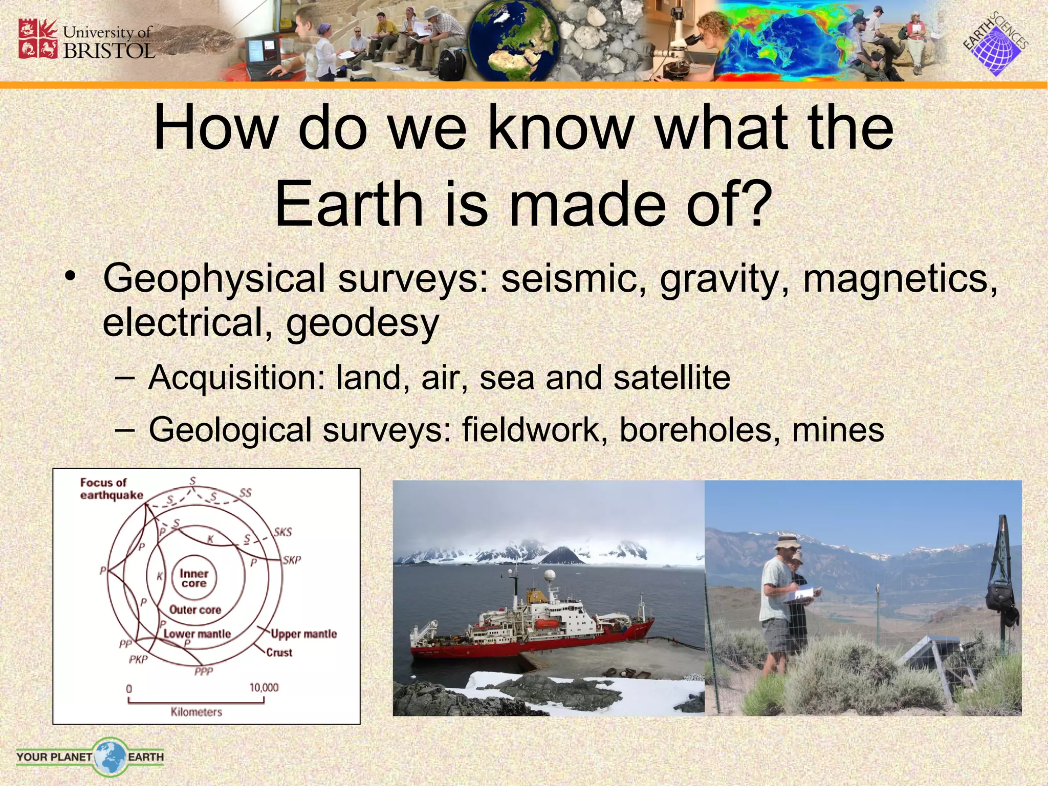 How do we know what the
       Earth is made of?
• Geophysical surveys: seismic, gravity, magnetics,
  electrical, geodesy
  – Acquisition: land, air, sea and satellite
  – Geological surveys: fieldwork, boreholes, mines
 