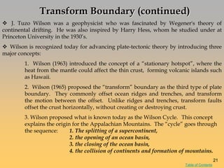  J. Tuzo Wilson was a geophysicist who was fascinated by Wegener's theory of
continental drifting. He was also inspired by Harry Hess, whom he studied under at
Princeton University in the 1930‘s.
 Wilson is recognized today for advancing plate-tectonic theory by introducing three
major concepts:
1. Wilson (1963) introduced the concept of a ―stationary hotspot‖, where the
heat from the mantle could affect the thin crust, forming volcanic islands such
as Hawaii.
2. Wilson (1965) proposed the ―transform‖ boundary as the third type of plate
boundary. They commonly offset ocean ridges and trenches, and transform
the motion between the offset. Unlike ridges and trenches, transform faults
offset the crust horizontally, without creating or destroying crust.
3. Wilson proposed what is known today as the Wilson Cycle. This concept
explains the origin for the Appalachian Mountains. The ―cycle‖ goes through
the sequence: 1. The splitting of a supercontinent,
2. the opening of an ocean basin,
3. the closing of the ocean basin,
4. the collision of continents and formation of mountains.
Transform Boundary (continued)
21
Table of Contents
 