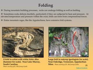 Folding
 During mountain building processes, rocks can undergo folding as well as faulting.
 Sometimes rocks deform ductilely, particularly if they are subjected to heat and pressure. At
elevated temperature and pressure within the crust, folds can form from compressional forces.
 Entire mountain rages, like the Appalachians, have extensive fold systems.
Z-fold in schist with white felsic dike
(hammer for scale). Near Lake Murray,
South Carolina.
Photo courtesy of K. McCarney-Castle
Large fold in outcrop (geologists for scale).
Near Oakridge, Tennessee, Appalachian
Mtns. Photo courtesy of K. McCarney-Castle.
25
Table of Contents
 