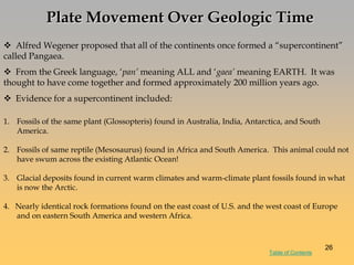 Plate Movement Over Geologic Time
 Alfred Wegener proposed that all of the continents once formed a ―supercontinent‖
called Pangaea.
 From the Greek language, ‗pan’ meaning ALL and ‗gaea’ meaning EARTH. It was
thought to have come together and formed approximately 200 million years ago.
 Evidence for a supercontinent included:
1. Fossils of the same plant (Glossopteris) found in Australia, India, Antarctica, and South
America.
2. Fossils of same reptile (Mesosaurus) found in Africa and South America. This animal could not
have swum across the existing Atlantic Ocean!
3. Glacial deposits found in current warm climates and warm-climate plant fossils found in what
is now the Arctic.
4. Nearly identical rock formations found on the east coast of U.S. and the west coast of Europe
and on eastern South America and western Africa.
26
Table of Contents
 