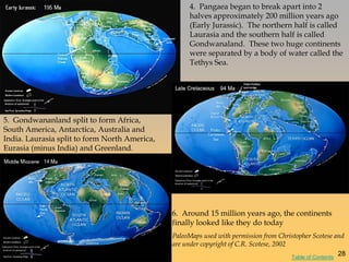 5. Gondwananland split to form Africa,
South America, Antarctica, Australia and
India. Laurasia split to form North America,
Eurasia (minus India) and Greenland.
4. Pangaea began to break apart into 2
halves approximately 200 million years ago
(Early Jurassic). The northern half is called
Laurasia and the southern half is called
Gondwanaland. These two huge continents
were separated by a body of water called the
Tethys Sea.
6. Around 15 million years ago, the continents
finally looked like they do today
PaleoMaps used with permission from Christopher Scotese and
are under copyright of C.R. Scotese, 2002
28Table of Contents
 