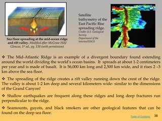  The Mid-Atlantic Ridge is an example of a divergent boundary found extending
around the world dividing the world‘s ocean basins. It spreads at about 1-2 centimeters
per year and is made of basalt. It is 56,000 km long and 2,500 km wide, and it rises 2 –3
km above the sea floor.
 The spreading of the ridge creates a rift valley running down the crest of the ridge.
The valley is about 1-2 km deep and several kilometers wide- similar to the dimensions
of the Grand Canyon!
 Shallow earthquakes are frequent along these ridges and long deep fractures run
perpendicular to the ridge.
 Seamounts, guyots, and black smokers are other geological features that can be
found on the deep sea floor.
Satellite
bathymetry of the
East Pacific Rise
spreading ridge.
Credit: U.S. Geological
Survey
Department of the
Interior/USGS
Sea floor spreading at the mid-ocean ridge
and rift valley. Modified after McGraw Hill/
Glencoe, 1st ed., pg. 138 (with permission)
Table of Contents 38
 