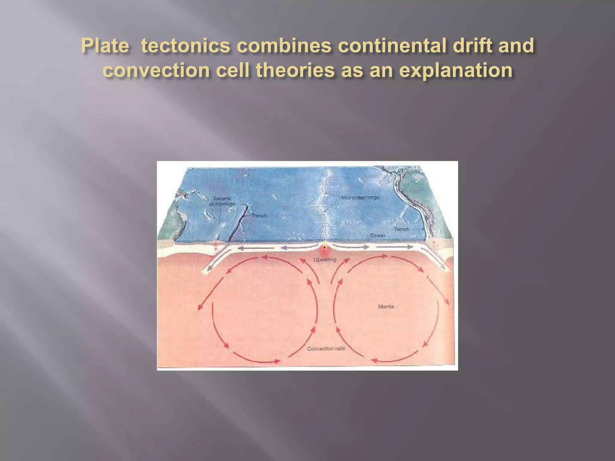 Plate  tectonics combines continental drift and convection cell theories as an explanation