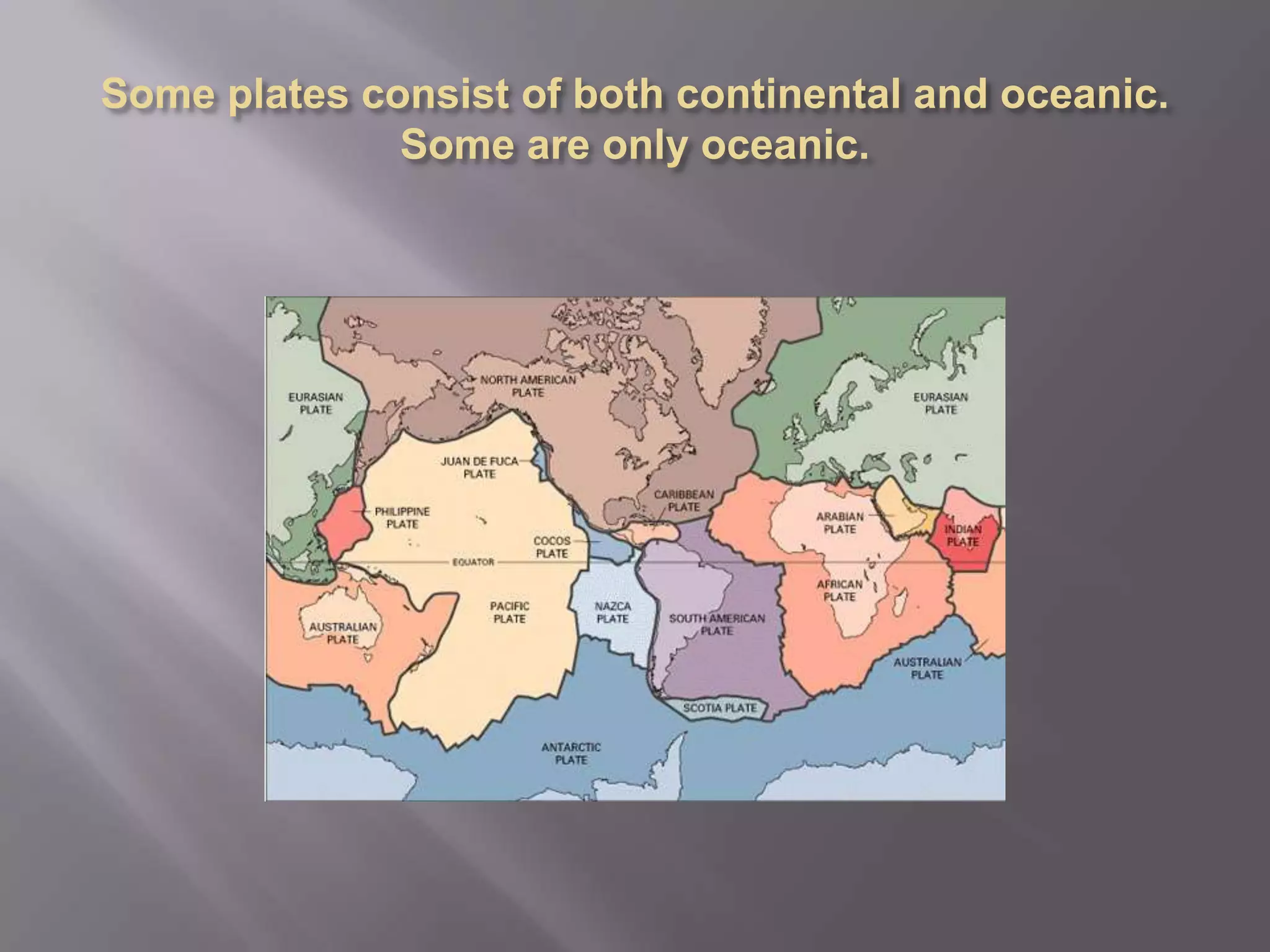 Some plates consist of both continental and oceanic. Some are only oceanic. 