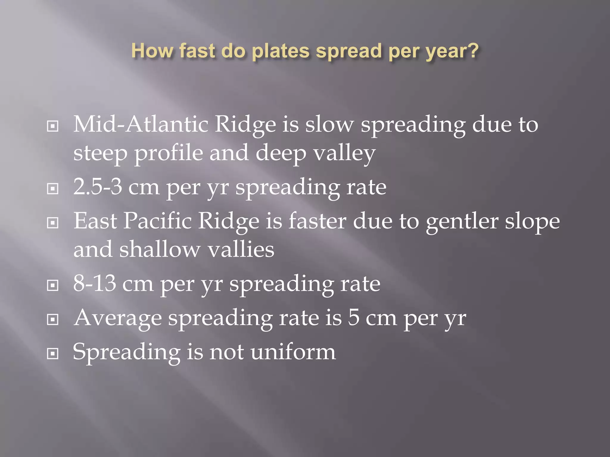 How fast do plates spread per year?Mid-Atlantic Ridge is slow spreading due to steep profile and deep valley2.5-3 cm per yr spreading rateEast Pacific Ridge is faster due to gentler slope and shallow vallies8-13 cm per yr spreading rateAverage spreading rate is 5 cm per yrSpreading is not uniform