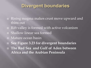 Divergent boundariesRising magma makes crust move upward and thins outRift valley is formed with active volcanismShallow linear sea formedMature ocean basinSee Figure 3.23 for divergent boundariesThe Red Sea  and Gulf of Aden between Africa and the Arabian Peninsula